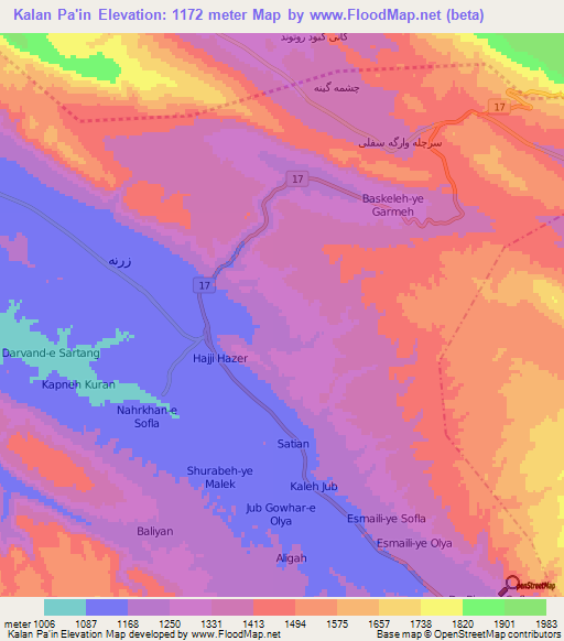 Kalan Pa'in,Iran Elevation Map