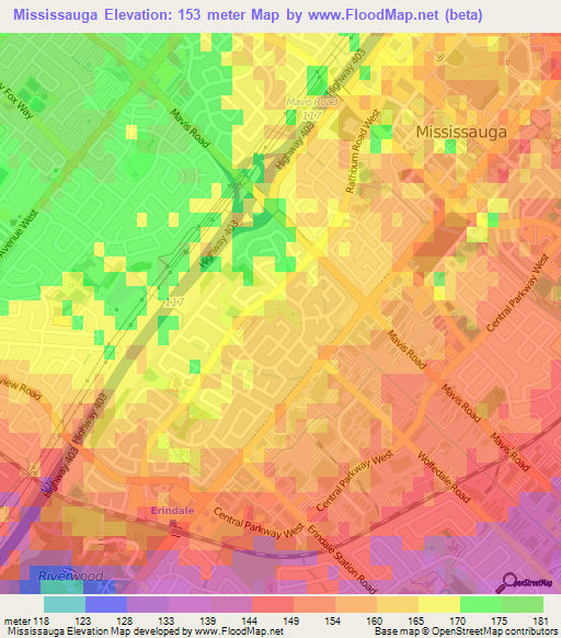 Mississauga,Canada Elevation Map