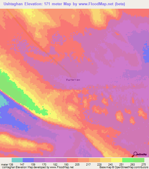 Ushtaghan,Kazakhstan Elevation Map