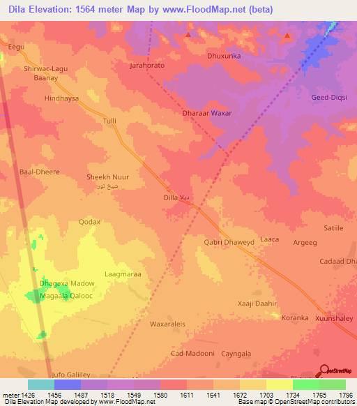 Dila,Somalia Elevation Map