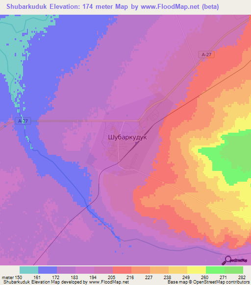 Shubarkuduk,Kazakhstan Elevation Map