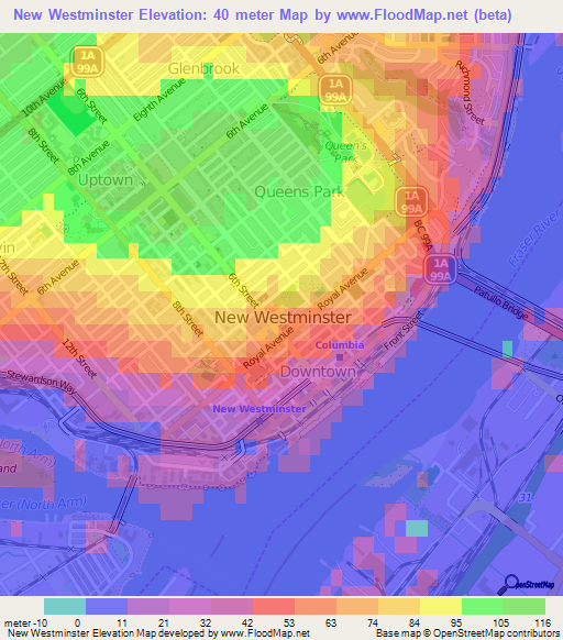 New Westminster,Canada Elevation Map