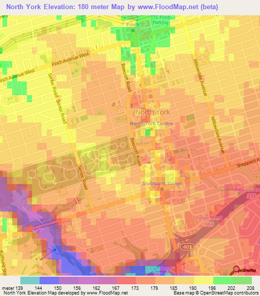 North York,Canada Elevation Map