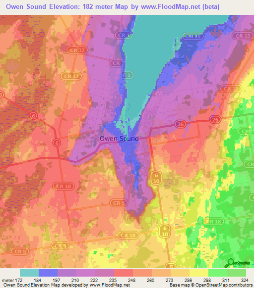Owen Sound,Canada Elevation Map