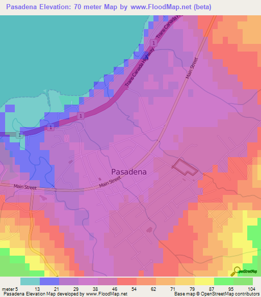 Pasadena,Canada Elevation Map