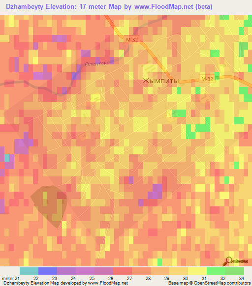 Dzhambeyty,Kazakhstan Elevation Map