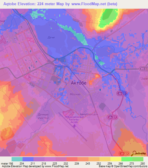 Aqtobe,Kazakhstan Elevation Map