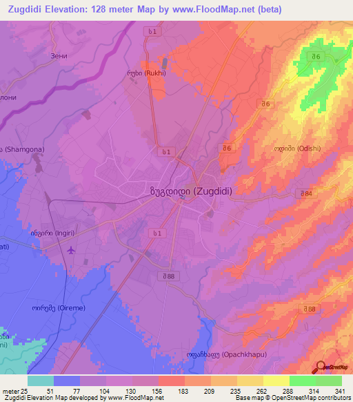Zugdidi,Georgia Elevation Map