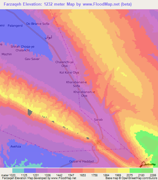 Farzaqeh,Iran Elevation Map