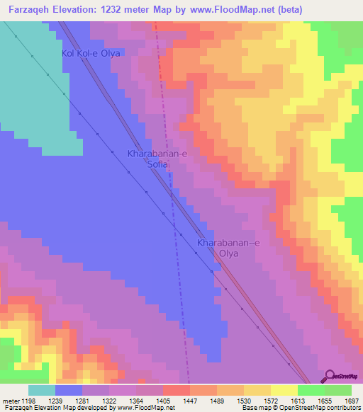 Farzaqeh,Iran Elevation Map