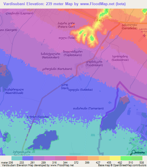 Vardisubani,Georgia Elevation Map