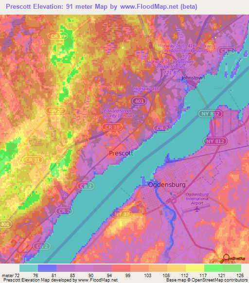 Prescott,Canada Elevation Map