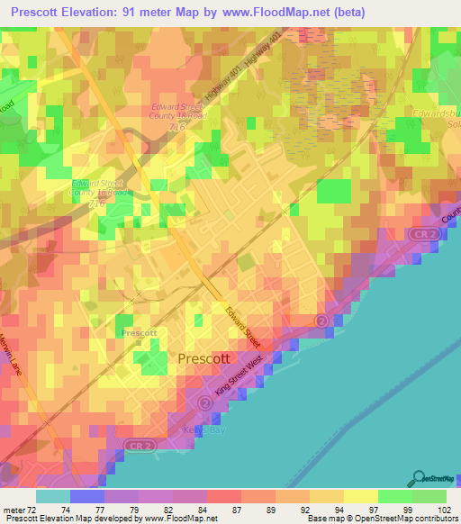 Prescott,Canada Elevation Map