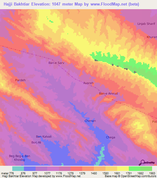 Hajji Bakhtiar,Iran Elevation Map