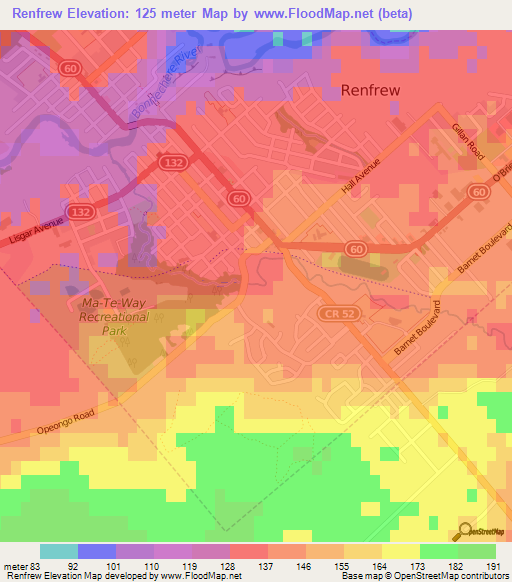 Renfrew,Canada Elevation Map