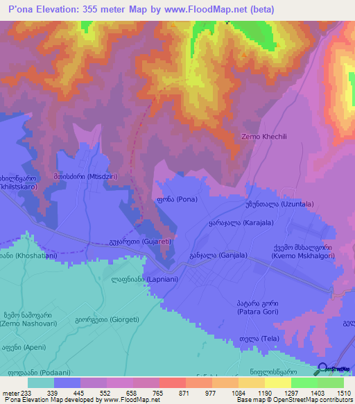 P'ona,Georgia Elevation Map