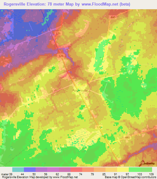 Rogersville,Canada Elevation Map