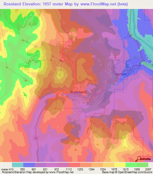 Rossland,Canada Elevation Map