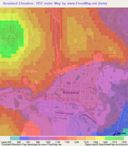 Rossland,Canada Elevation Map