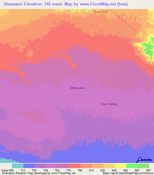 Dhanaano,Somalia Elevation Map