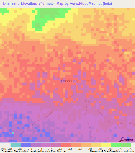 Dhanaano,Somalia Elevation Map