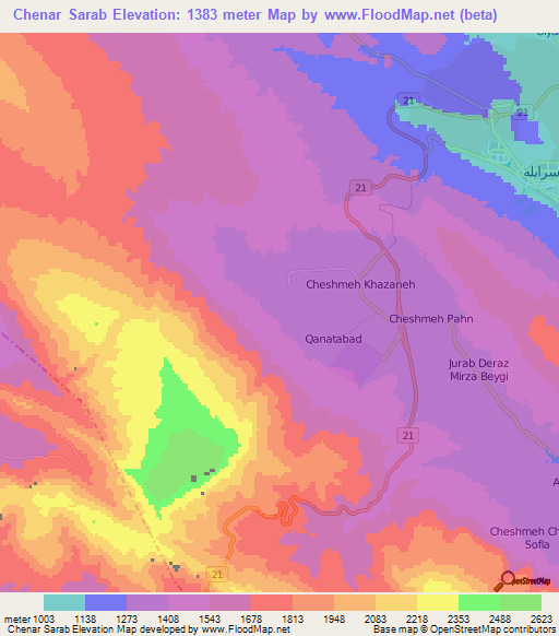 Chenar Sarab,Iran Elevation Map