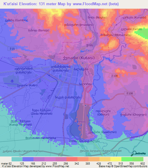 K'ut'aisi,Georgia Elevation Map