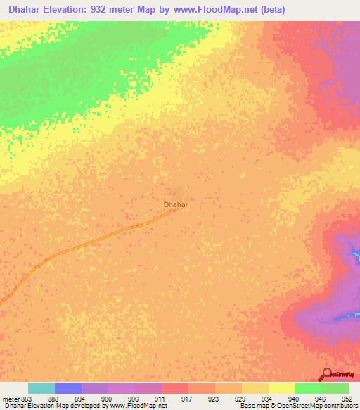 Dhahar,Somalia Elevation Map