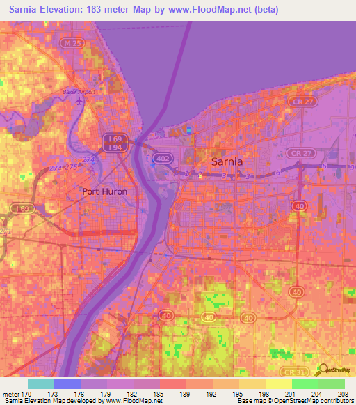Sarnia,Canada Elevation Map