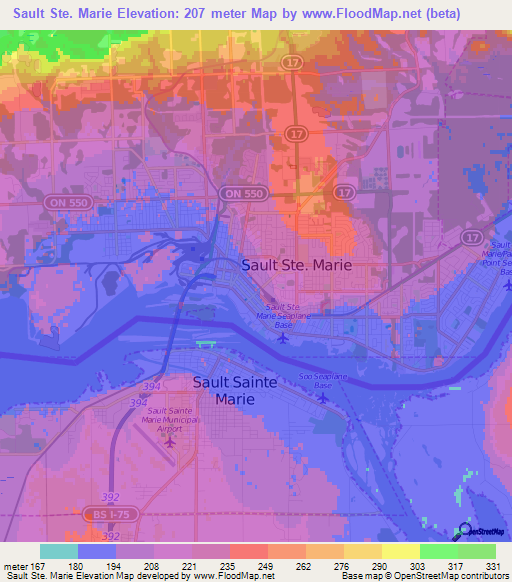 Sault Ste. Marie,Canada Elevation Map