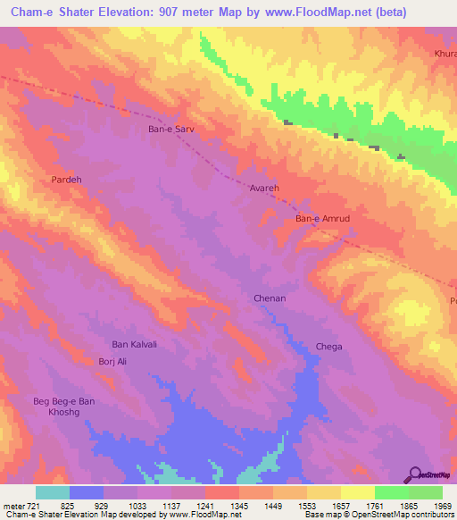 Cham-e Shater,Iran Elevation Map
