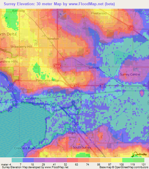 Surrey,Canada Elevation Map