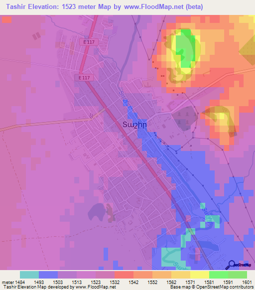 Tashir,Armenia Elevation Map
