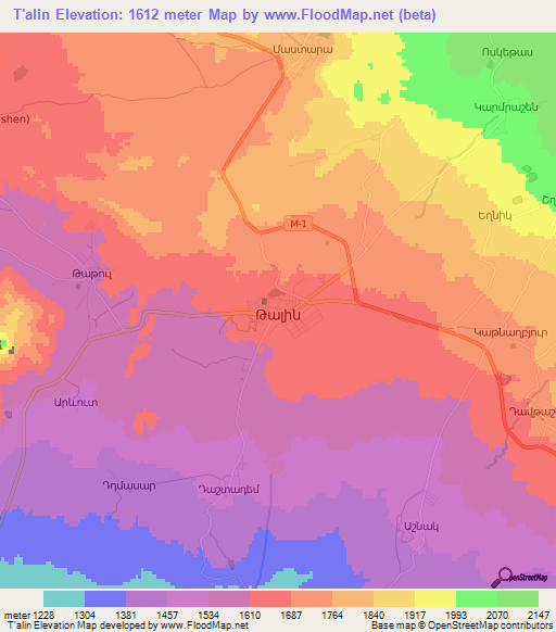 T'alin,Armenia Elevation Map
