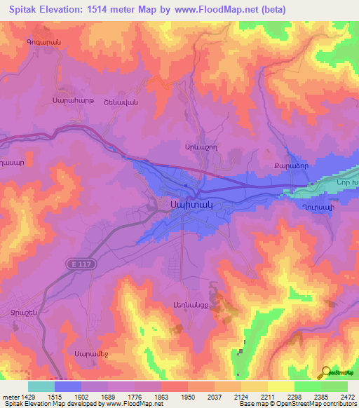 Spitak,Armenia Elevation Map