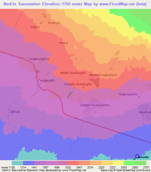 Nerk'in Sasunashen,Armenia Elevation Map