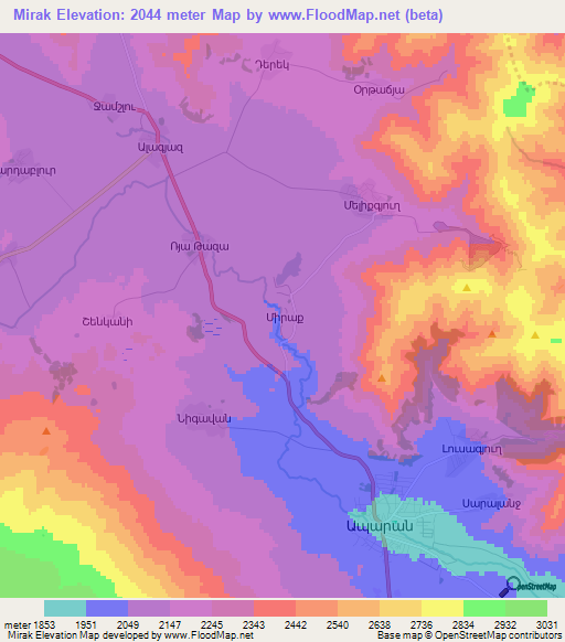 Mirak,Armenia Elevation Map