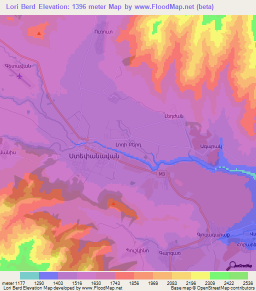 Lori Berd,Armenia Elevation Map