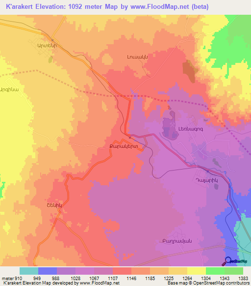 K'arakert,Armenia Elevation Map