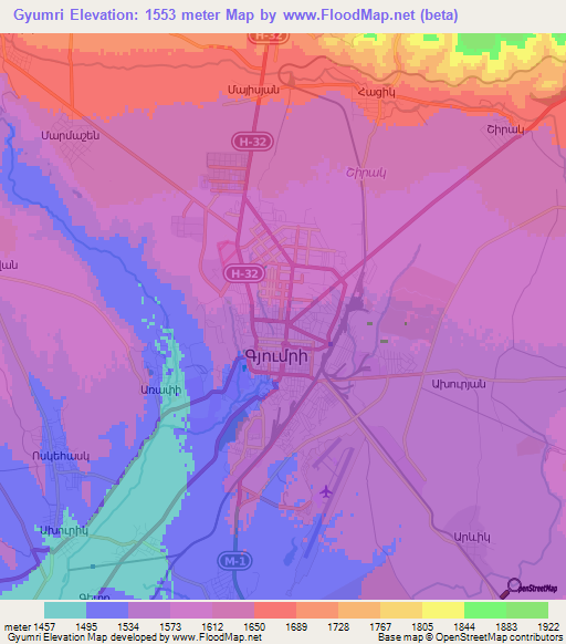 Gyumri,Armenia Elevation Map