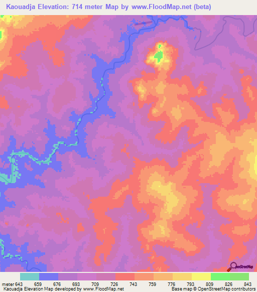 Kaouadja,Central African Republic Elevation Map
