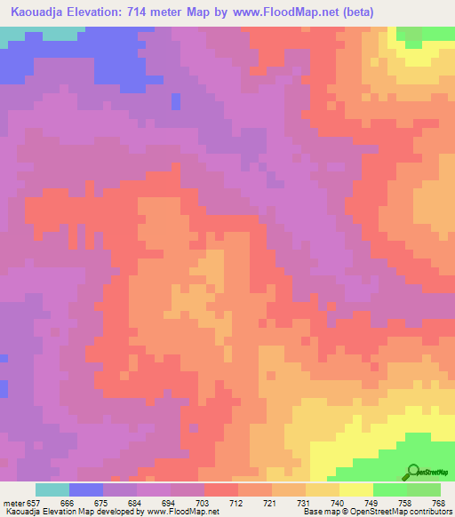 Kaouadja,Central African Republic Elevation Map