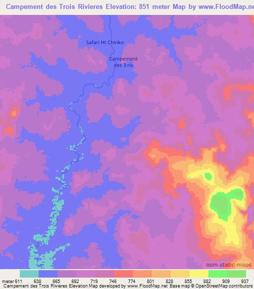 Campement des Trois Rivieres,Central African Republic Elevation Map