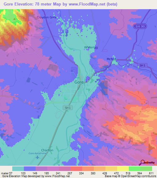 Gore,New Zealand Elevation Map