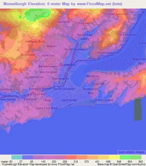 Musselburgh,New Zealand Elevation Map