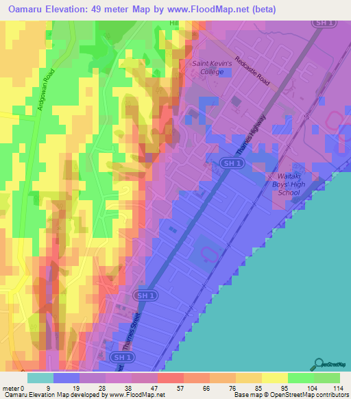 Oamaru,New Zealand Elevation Map