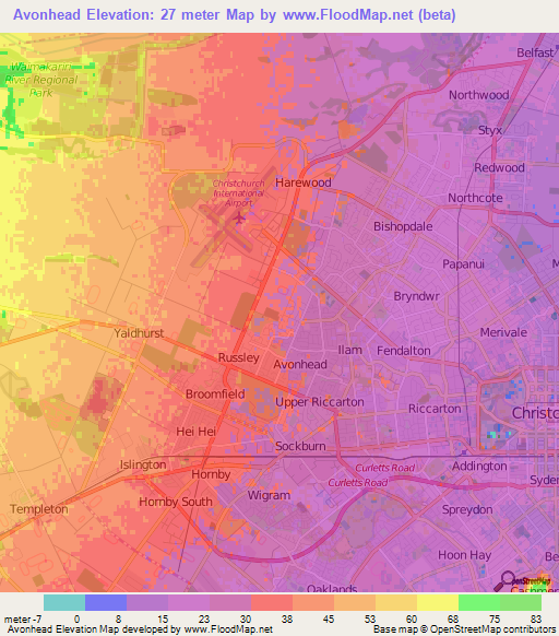 Avonhead,New Zealand Elevation Map