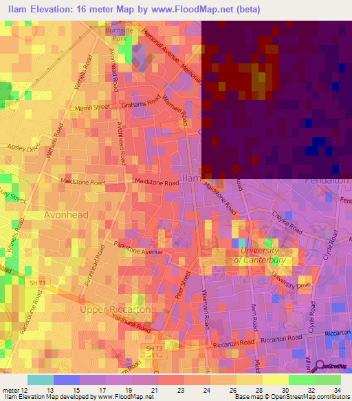 Ilam,New Zealand Elevation Map