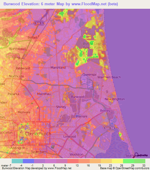 Burwood,New Zealand Elevation Map