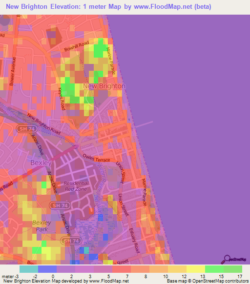 New Brighton,New Zealand Elevation Map